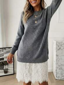 Gray Sweater, Long Sleeve Pullover, Round Neck Knit Sweater, Women's Knitted Top, Loose Fit Sweater, Casual Style, Autumn/Winter Fashion, Loose Knit Blouse, Ribbed Cuffs, Stylish Street Wear - Grey - View 3