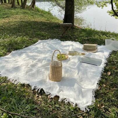 Cirelle 1pc Elegant White Outdoor Camping Mat/Picnic Mat/Bohemian Beach Blanket/Moisture-Proof Tablecloth Pad, Decor, Rama Family Style, Picnic Eseentials, Family Outing Use, Camping Supplies, Holiday Vacation Use