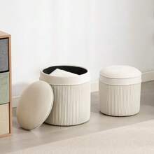 Set Of Two Storage Poufs With Lids, Round Velvet Texture: 36 X 36 X 41.5 Cm, Off-White - Beige - View 7