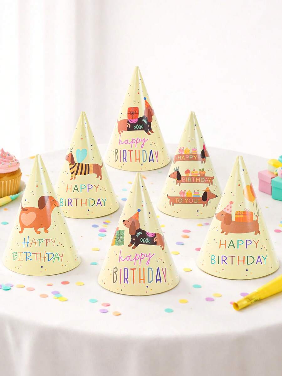6Pcs Dachshund Dog Happy Birthday Paper Party Hats With Elastic Rope, Baby Shower Puppy Pet Theme Birthday Cone Hats For Kids Toddler Boys Girls Birthday, Dog Theme Party Supplies, Gender Reveal Nursery Party Favor Decor