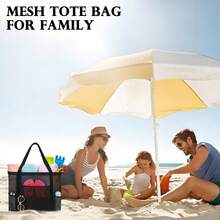 Bolsa de playa grande de malla con bolsillo con cremallera, esencial para viajes familiares, vacaciones y cruceros - Negro - Ver 3