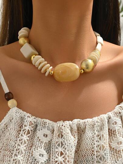 1pc Bohemian Beaded Stone & Resin Necklace For Women (Accessories Random)