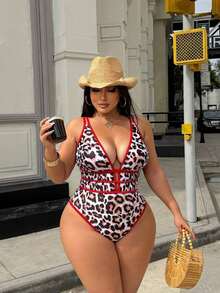 Swim  Plus Size Women's Leopard Print Deep V-Neck Sexy Backless One-Piece Swimsuit, Suitable For Beach & Holiday - 多色 5 - 查看 7