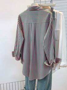 Women's Casual Basic Striped Pointed Collar Long Sleeve Shirt Blouse With Button Pockets, Suitable For Daily Office Wear, Autumn/Winter/Spring - Pink and Green Stripes - View 3