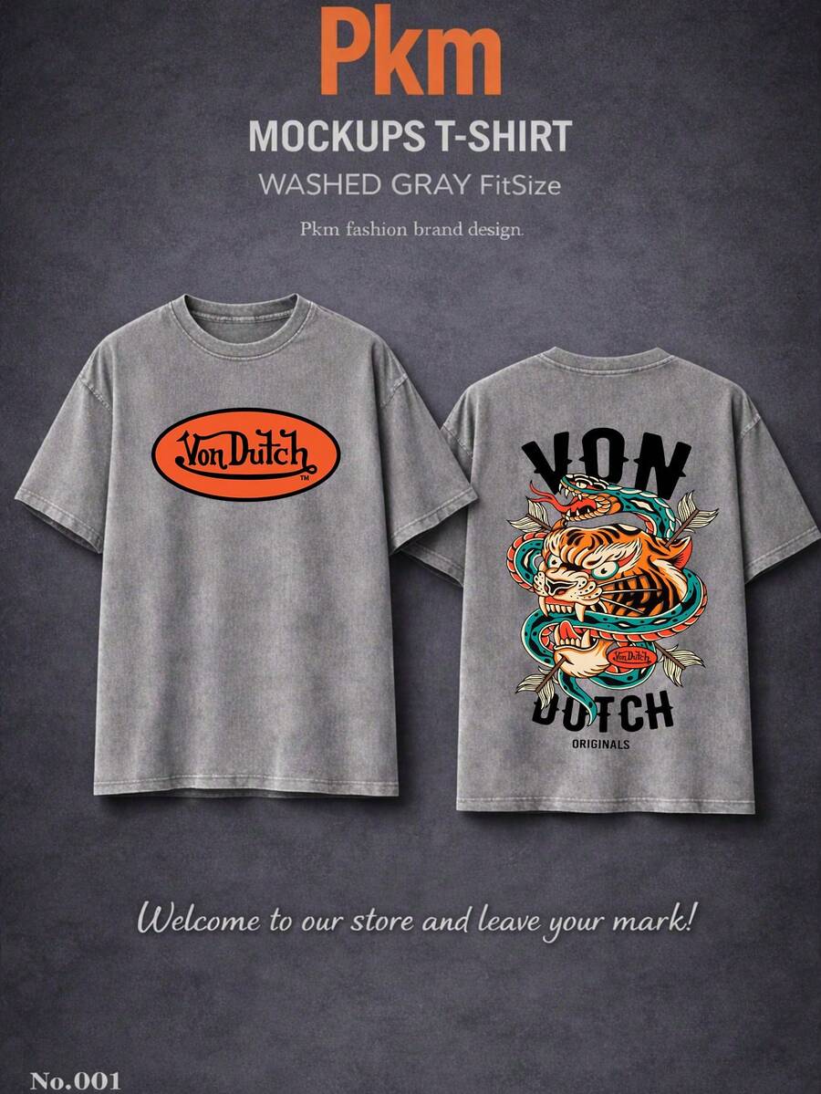 Men Gray Washed Vintage Streetwear Brand Cotton T Shirt Front Vons Dutchs Logo Back Tiger Dragon Graphic Print Casual Wear For Daily Outfits Party Events | Front And Back Printed | Retro Heavyweight Tee | Perfect Gift | Loose Comfortable Breathable | Machine Washable Fabric | Hip Hop Cool Style | Drippy Clothes | Y2K Fashion - 灰色 - 查看 1