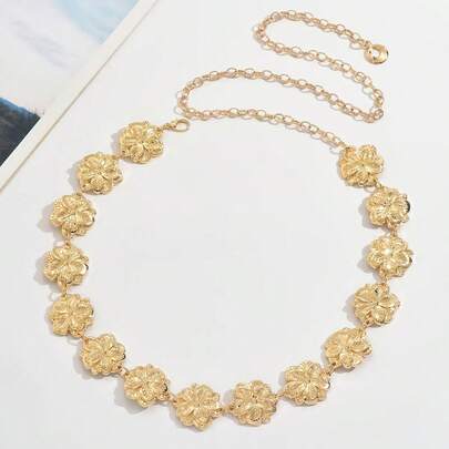 1pc Women's Waist Chain, Rhinestone Belt, Bohemian Retro Rose Gold Flower Carved Waist Chain, Suitable For Pairing With Western Style Jeans, Skirts, Evening Dresses, Parties, Beach