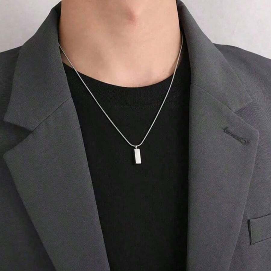1pc Stainless Steel Snake Bone Chain Necklace, Titanium Steel Square Pendant Necklace, Unisex Geometric Clavicle Chain Sweater Necklace - Silver - View 1