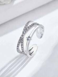 1pc Niche Luxury Minimalist Design Zirconia Inlaid Criss-Cross Ring, Versatile Daily Wear, Suitable For Eid Al-Adha Distribution, Wholesale & Distribution - Antique Silver - View 4