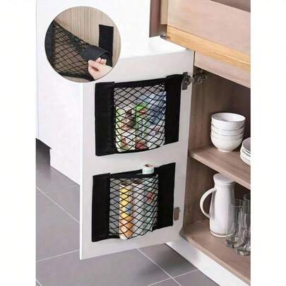 2pcs Polyester Mesh Storage Bags, Minimalist Black Wall-Mounted Hanging Storage Bags, No Drilling Required For Cabinet/Cupboard Doors, Home Organizer Bags For Household, Kitchen, Bathroom