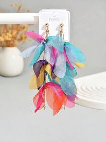 1对女士甜美优雅布艺水晶叶子多层长耳环，适合度假佩戴（花瓣颜色随机） - 彩色-E1340 - 查看 3
