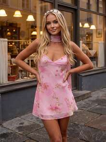 Women Mini Dress Floral Print/Solid Color Sleeveless Cami Dress Summer Backless Dress With Choker Scarf - 粉色 - 查看 2