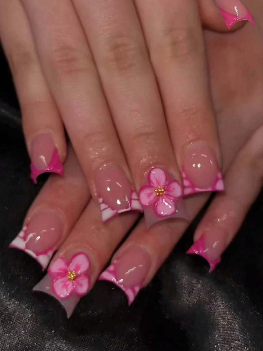 24pcs Long Pink Leopard Print French Manicure Nail Stickers, 3D Gel Flower Petals, Rhinestone Design, Acrylic False Nails, Includes 1pc Jelly Gel And 1pc Nail File - View 1