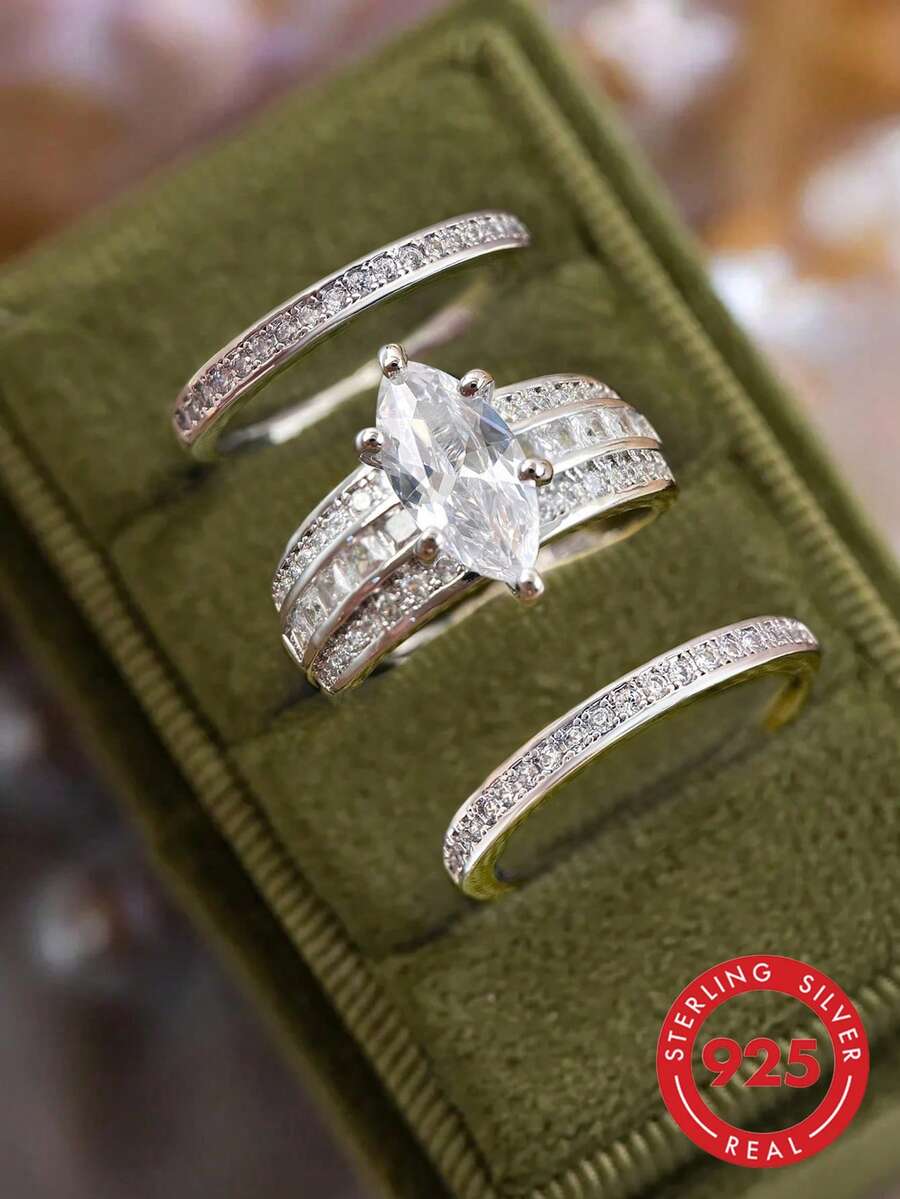 Bộ 3 nhẫn bạc Sterling S925 & 925 cao cấp đính kim cương hình bầu dục, nhẫn thanh lịch dành cho nữ, thích hợp cho các buổi hẹn hò và tiệc tùng, món quà trang sức tinh tế cho kỷ niệm. - Bộ ba nhẫn kim cương Marquise - Xem 1