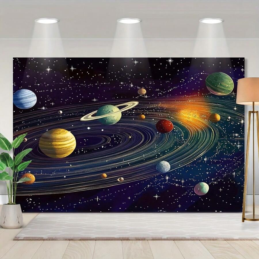 1 件精美绝伦的外太空行星背景横幅 - 充满活力的星系和宇宙场景，点缀着旋转的星星、月亮和火箭 - 耐用的涤纶材质，可用于照片墙装饰，适用于直播、派对、生日、周年纪念、房间、花园或庭院装饰 - 室内/室外均可使用，月亮装饰 - 13 - 查看 1
