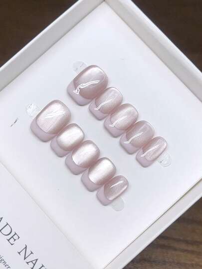 Pure Handmade Press-On Nails, Short Square Shape, Hand-Painted French Cat Eye Nails, High-Quality Elegant Minimalist Design, Full Cover Faks, Y2K Nails, Unique Niche Creative False Nails, Daily Nails, Cute Modern Style Nails, Suitable For Daily Use, Summer And Spring Nails, Detachable And Reusable, Suitable For Women S At Parties And Evenings