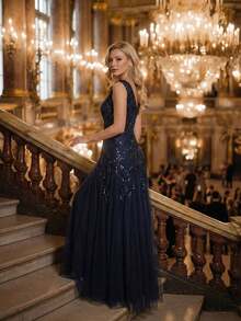 Đầm dạ hội thanh lịch EVERPRETTY dành cho nữ, đầm dạ hội sang trọng, đầm dạ hội đính sequin màu xanh navy, đầm dự tiệc cocktail thắt nơ đen, đầm dự tiệc cưới cổ chữ V dáng xòe, đầm dự tiệc cưới cho cô dâu và mẹ cô dâu, đầm bán chính thức mùa xuân - Màu xanh hải quân - Xem 12