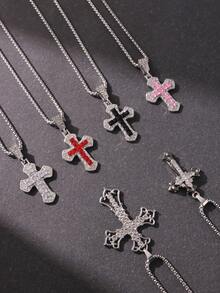 1件男士时尚水钻十字架吊坠项链，耐用不锈钢链，送给男友的时尚宣言礼物 - 彩色 - 查看 1