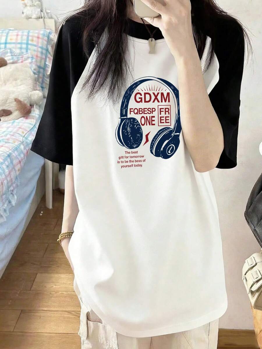 美式风格女装新款夏季拼接短袖宽松休闲印花T恤，插肩袖宽松设计图案T恤，街头风撞色百搭夏季上衣 - 白拼黑 - 查看 1