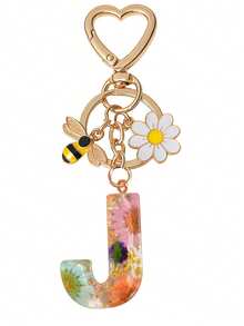 1pc Initial Letter Cute Bee & Flower Keychain, Heart Shaped Daisy Keyring Accessory, Decoration For Women Handbag Gift - Color - View 9
