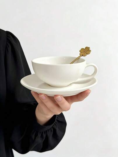 Simple White Ceramic Coffee Cup And Saucer Set (Without Spoon Shown In Image), Classic Latte Cup, Curved Handle, Smooth Glaze Finish, Ideal For Office Desk, Home Study, Perfect Gift For Coffee Lovers, Minimalist Home Decor