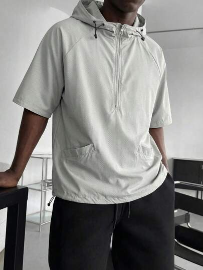 1pc Men's Grey Mesh Hooded Short Sleeve T-Shirt, Mesh Lining, Lightweight Breathable, Men's Short Sleeve Jacket, American Casual Style, Suitable For Outdoor, Commuting And Leisure