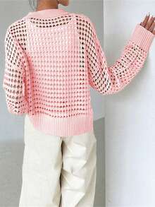 Cárdigan de punto con botones y calado en el cuello para mujer, ideal para vacaciones en primavera - Rosa Pálido - Ver 2