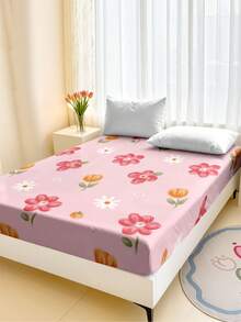 粉色花朵图案床笠，防滑床垫套，柔软卧室床单 - 彩色 - 查看 17