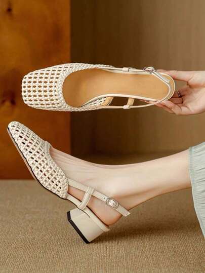 Spring/Summer 2025 New Vintage Hollow-Out Woven Square Toe Chunky Heel Closed Toe Sandals For Women