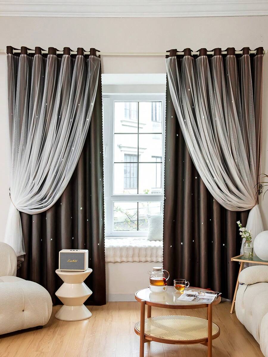 1 buah Tirai Motif Bintang, Cocok untuk Ruang Tamu & Kamar Tidur, Tirai Anti Cahaya, Dekorasi Liburan, Tirai Gaya Putri yang Lucu & Unik - Coffee Brown - View 1