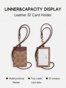 Coach Vertical Genuine Leather ID Card Holder With Transparent ID Window, 2 Credit Card Slots And Detachable Lanyard - Light Brown - View 3