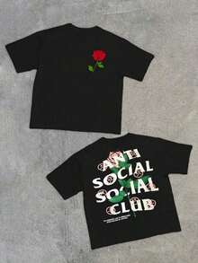 1pcs Men's Rose Graphic Size Plus Double Sided Digital Printed  T Shirt Streetwear 100% Cotton Casual Graphic Tee Anti Social Club Fashion100Cotton - Black - View 6