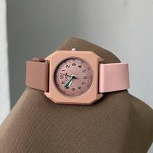 1 pieza Reloj de mujer de color macaron refrescante, correa de silicona de color contrastante, reloj de cuarzo casual para estudiantes/niñas - Marrón Chocolate - Ver 5