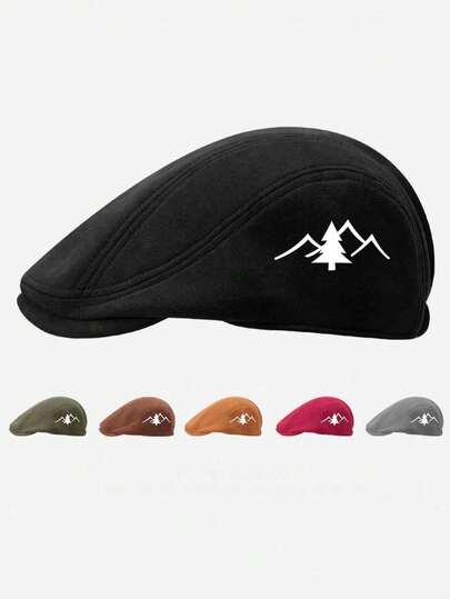 1顶纯色山峦松树印花涤纶贝雷帽，百搭日常佩戴，适合送给家人、朋友、男女朋友，以及作为圣诞节、母亲节、父亲节、教师节、生日礼物。
