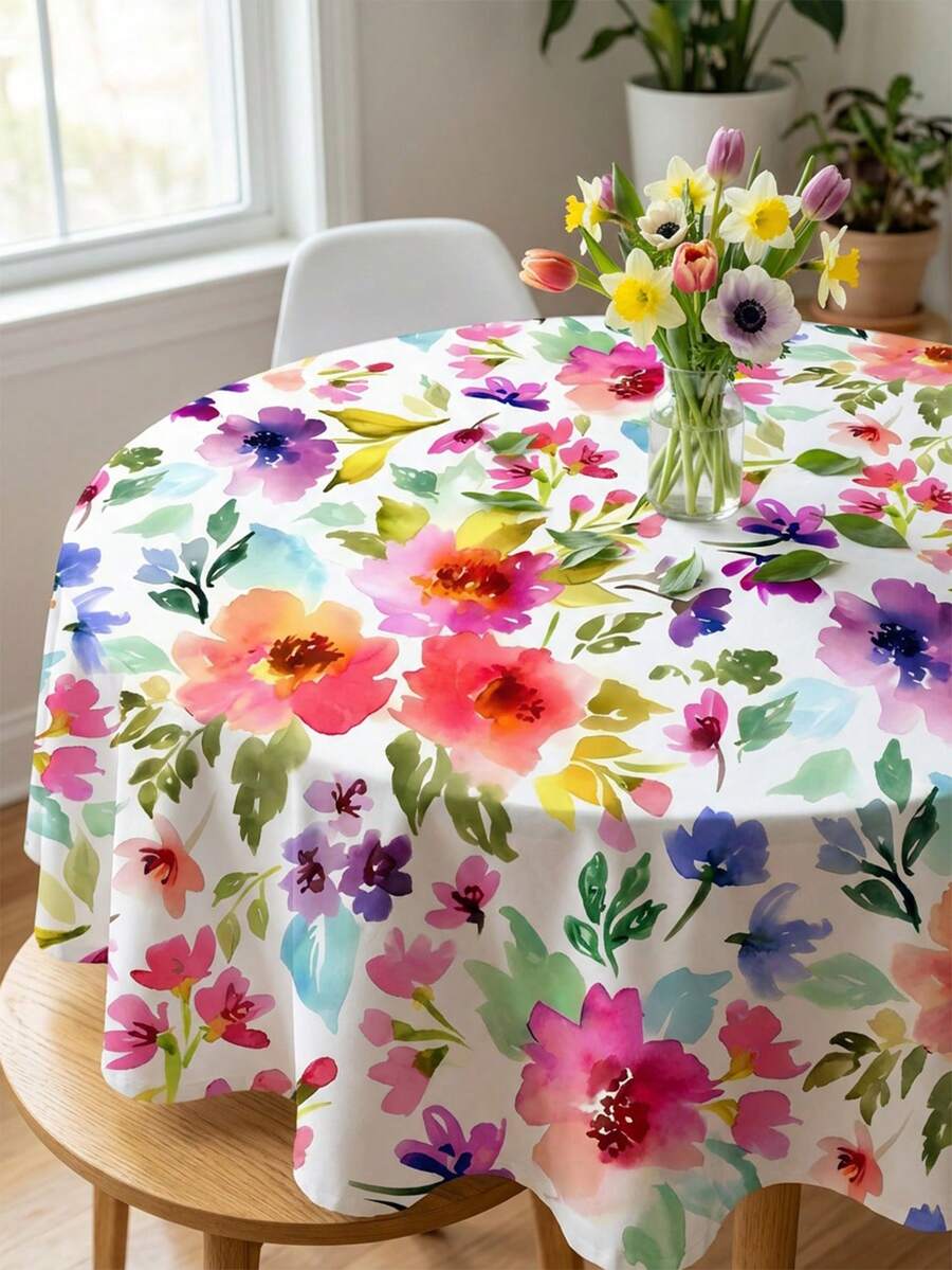 1pc Spring/Summer Floral Tablecloth, Colorful Country Style Reusable Round Polyester Tablecloth, Suitable For Picnic Party, Mother's Day, Wedding Restaurant, Home Decor - Multicolor - View 1