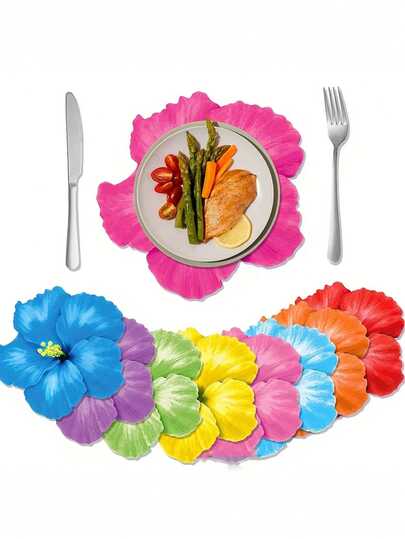2pcs Floral Placemats, Hawaiian Party Tabletop Decor, Hibiscus Paper Placemats, Tropical Floral Design, Vibrant Colors Suitable For Holidays, Picnics And Beach Gatherings, Hawaiian Party Decoration
