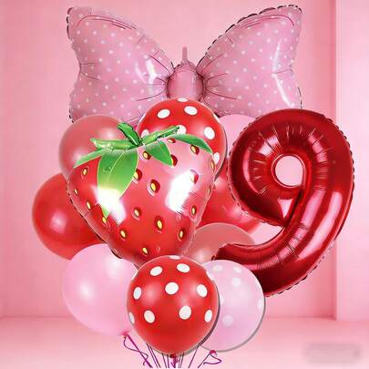 1 Set de decoración de globos con tema de fresa dulce y mariposa, incluye globo número rojo de 32 pulgadas, globos de mariposa con lunares rosas, globos con forma de fresa, globos rojos y rosas con lunares de 12 pulgadas, globos mate de 10 pulgadas, adecuado para regalo de cumpleaños de hija, fiesta de 1er cumpleaños de niña, celebración con tema de princesa dulce, decoración de fiesta infantil