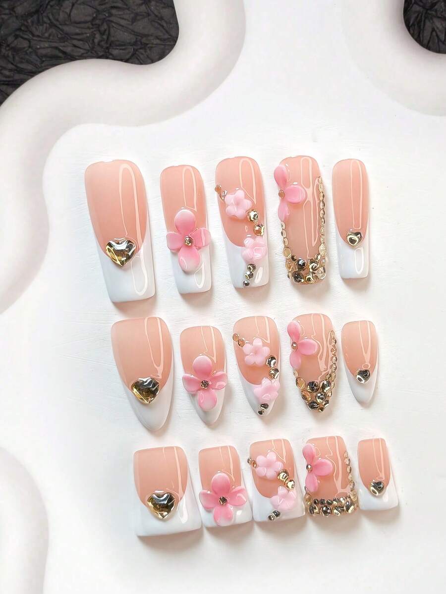 10片裝優雅風手工穿戴甲,Polygel美甲套組,雕花、水鑽、愛心設計,白色指甲油,法式風格,附美甲工具,3種尺寸可選,杏仁形、鴨嘴形、棺材形,適合派對、舞蹈、日常配戴 - 彩色 - 查看 1