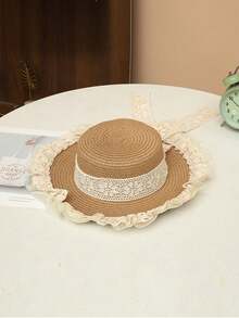 1 pieza Sombrero de paja para mujer, sombrero de paja de estilo bohemio de poliéster, adecuado para uso diario al aire libre, verano, playa - Multicolor - Ver 3