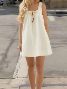 Women's Square Neck Sleeveless Mini Dress Tie Front Casual Summer Dress - Vàng nhạt - Xem 3