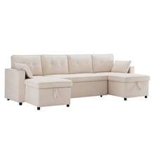 Schlafsofa mit Schlaffunktion, U-förmiges Sofa, Polstersofa, Baumwoll-und Leinenstoffe, mit Getränkehalter, Stauräume, geeignet für Familien, Wohnzimmer usv. Video verfügbar - Beige - Übersicht 12