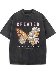 Camisetas de Verano 2026 - Camiseta de Algodón Lavado Retro para Mujer - Algodón Grueso de 230g, Corte Holgado, Cuello Redondo, Manga Corta, Estilo Urbano Vintage con Estampado de Mariposas Florales y Letras Inspiradoras, Lavable a Máquina, Camiseta Casual de Primavera/Verano, Camisetas de Algodón, Camiseta Cómoda para Uso Diario, Camiseta de Corte Relajado, Camiseta de Textura Suave, Ropa de Verano de Algodón Lavado - Negro - Ver 7