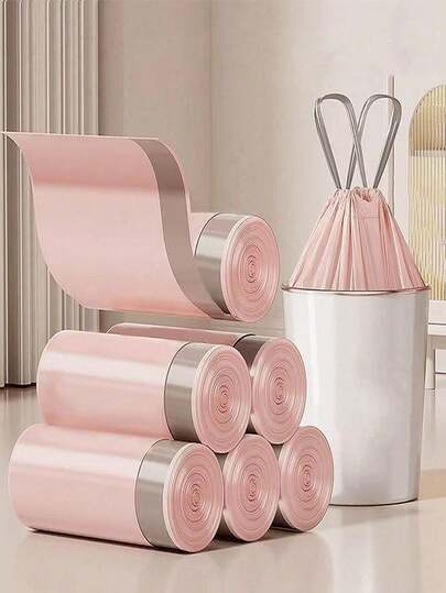 100pcs Pink Drawstring Trash Bags, 4 Gallon Capacity, Kitchen Bathroom Bedroom Home Office