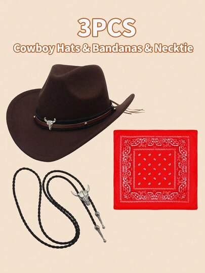3件套西部牛仔男女装，包括牛仔麂皮帽、领带和佩斯利花纹头巾，适合万圣节派对装扮