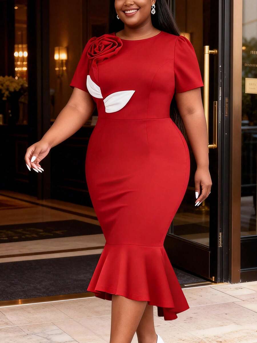 Elegant Red Mid-Length Mermaid Hem Bodycon Dress, 3D Rose Ruffle Short Sleeve Round Neck, Suitable For Summer Gala, Party, Mother's Day Wedding Spring - Red - View 1