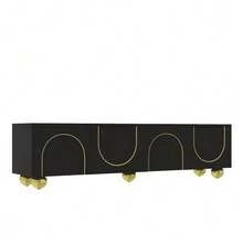TV Stand, Low Model With Textured Doors, Gold Decorations, Round Gold Legs, Includes Shelves And Push-To-Open Mechanism. - 黑色 - 查看 9