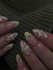 24pcs Long Almond Flower Pattern French Manicure Nail Stickers, With Pearl Decor Design, Suitable For Acrylic Fake Nails, Includes 1 Gel Polish And 1 Nail File, For Women Daily, Holiday, Party - Multicolor - View 7
