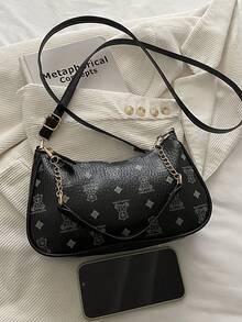 2026 Bolso de hombro de gran capacidad con textura y cadena para mujeres, diseño de lujo estampado - Negro - Ver 3