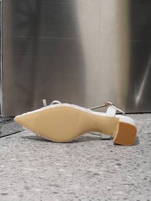 新款时尚女士尖头情人节高跟鞋，粗跟白色蝴蝶结踝带凉鞋，休闲舒适 - 白色 - 查看 3