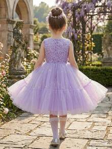 Váy mini vải tuyn tím đính sequin cho bé gái, váy dự tiệc sinh nhật bằng vải tuyn - Màu tím - Xem 3