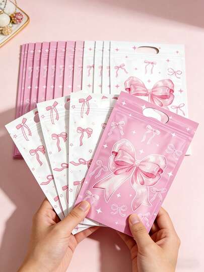 10/25个粉色蝴蝶结拉链密封袋，可重复密封的OPP包装袋，适用于烘焙食品、饼干、巧克力包装，婴儿派对、生日派对礼品饼干包装袋，婴儿派对装饰，性别揭晓派对装饰，粉色蝴蝶结派对装饰，粉色公主生日礼物装饰袋，婴儿派对用品，派对小礼物